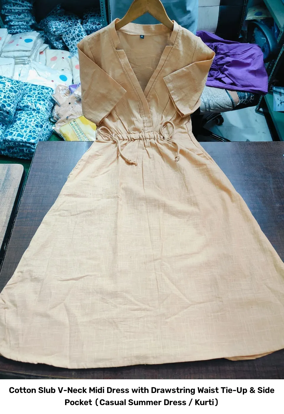 Cotton Slub V-Neck Midi Dress with Drawstring Waist Tie-Up & Side Pocket (Casual Summer Dress / Kurti) 5