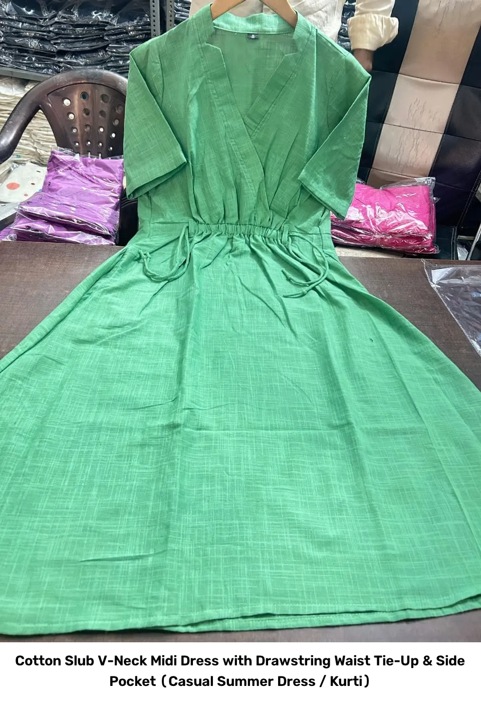 Cotton Slub V-Neck Midi Dress with Drawstring Waist Tie-Up & Side Pocket (Casual Summer Dress / Kurti) 6