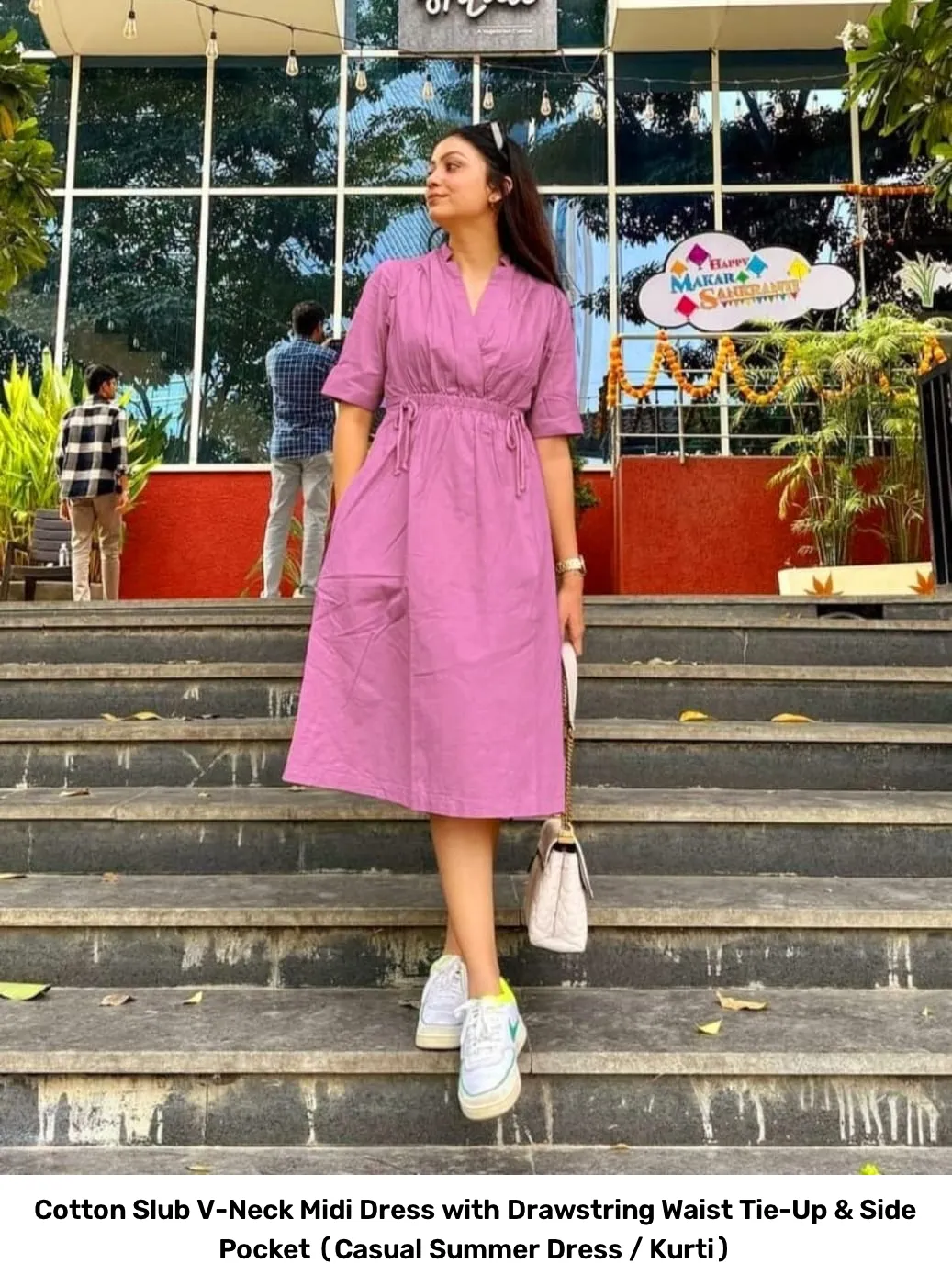 Cotton Slub V-Neck Midi Dress with Drawstring Waist Tie-Up & Side Pocket (Casual Summer Dress / Kurti) 8