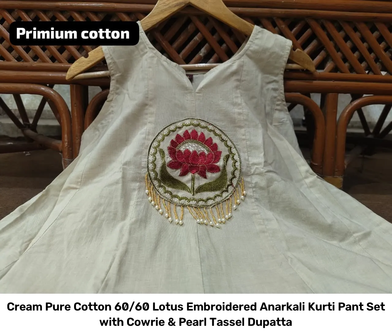 Cream Pure Cotton 60/60 Lotus Embroidered Anarkali Kurti Pant Set with Cowrie & Pearl Tassel Dupatta 2