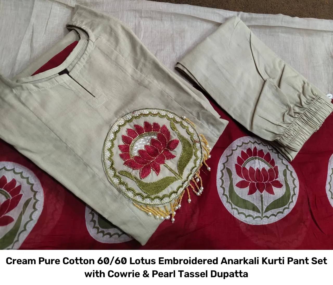 Cream Pure Cotton 60/60 Lotus Embroidered Anarkali Kurti Pant Set with Cowrie & Pearl Tassel Dupatta 3