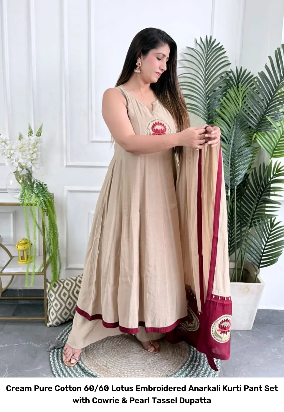 Cream Pure Cotton 60/60 Lotus Embroidered Anarkali Kurti Pant Set with Cowrie & Pearl Tassel Dupatta 4