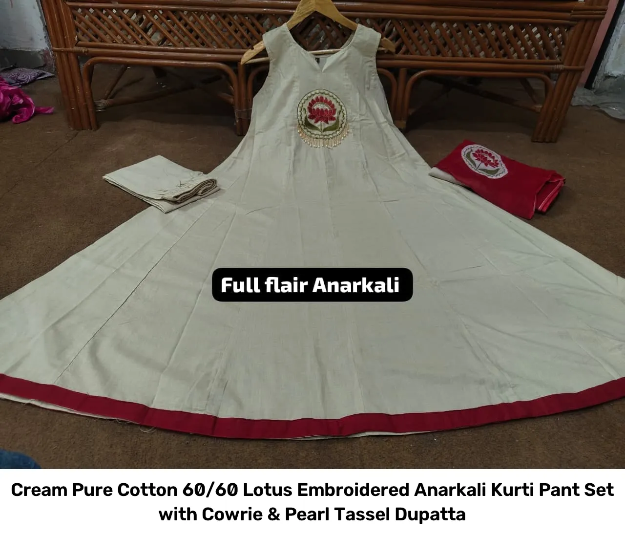 Cream Pure Cotton 60/60 Lotus Embroidered Anarkali Kurti Pant Set with Cowrie & Pearl Tassel Dupatta 5