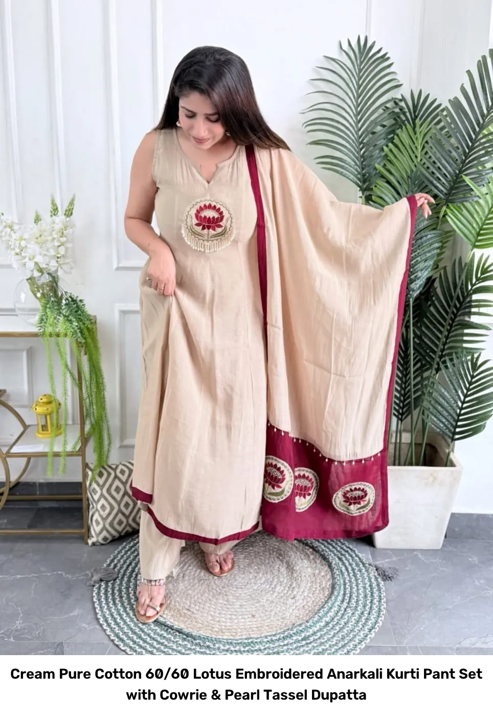 Cream Pure Cotton 60/60 Lotus Embroidered Anarkali Kurti Pant Set with Cowrie & Pearl Tassel Dupatta 6