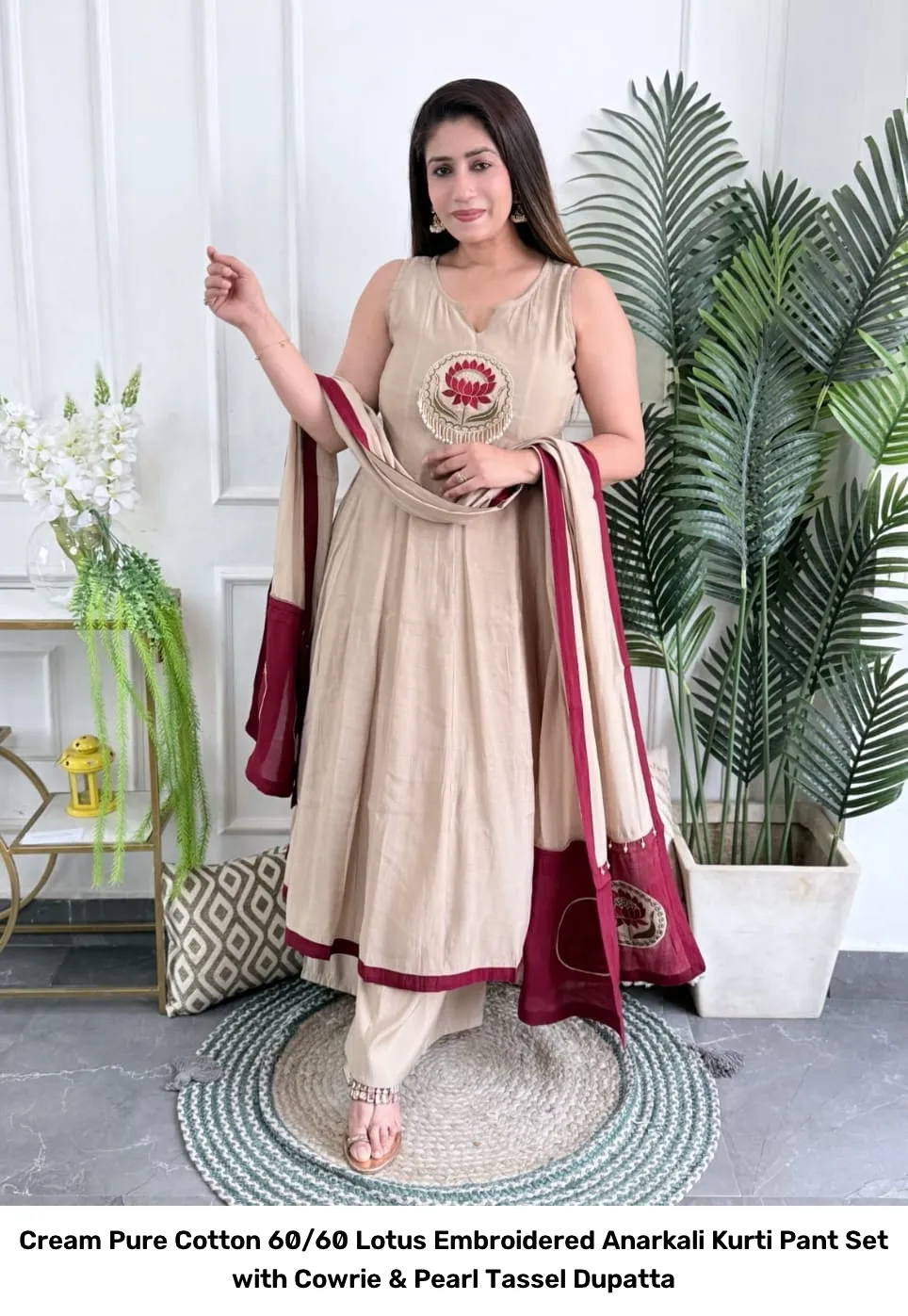 Cream Pure Cotton 60/60 Lotus Embroidered Anarkali Kurti Pant Set with Cowrie & Pearl Tassel Dupatta 7