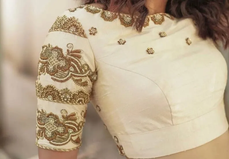 Cream Raw Silk Aari Work Blouse | Heavy Hand Embroidered Top