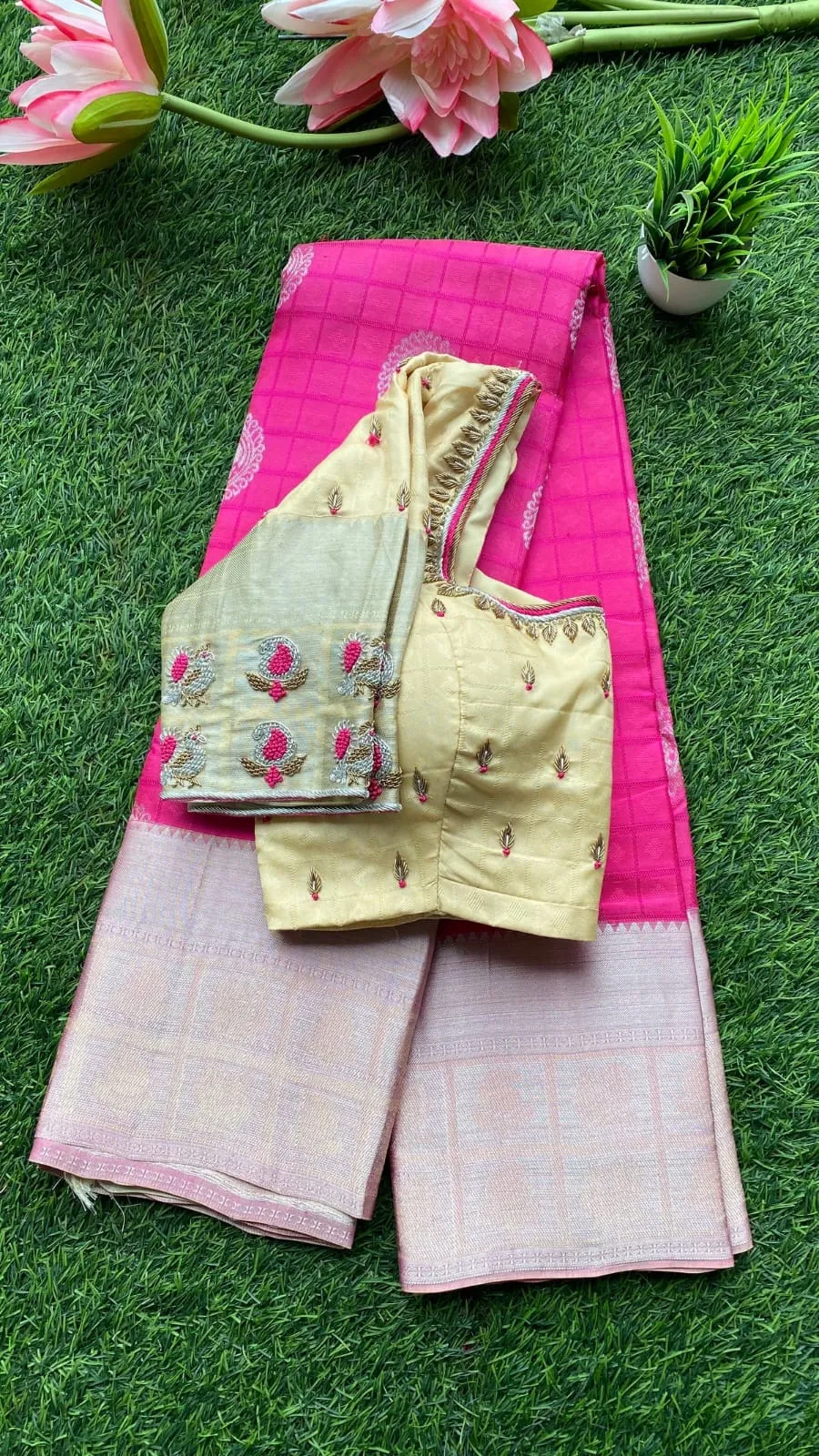 Cream Raw Silk Saree Blouse with Traditional Bird & Paisley Motifs | Hand Embroidered Maggam Neck Padded Blouse