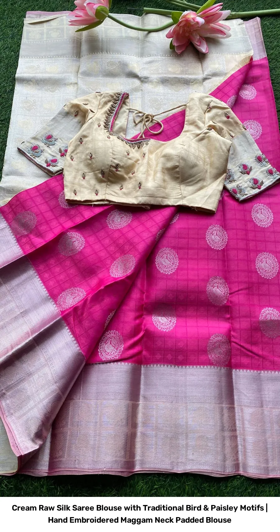 Cream Raw Silk Saree Blouse with Traditional Bird & Paisley Motifs | Hand Embroidered Maggam Neck Padded Blouse 2