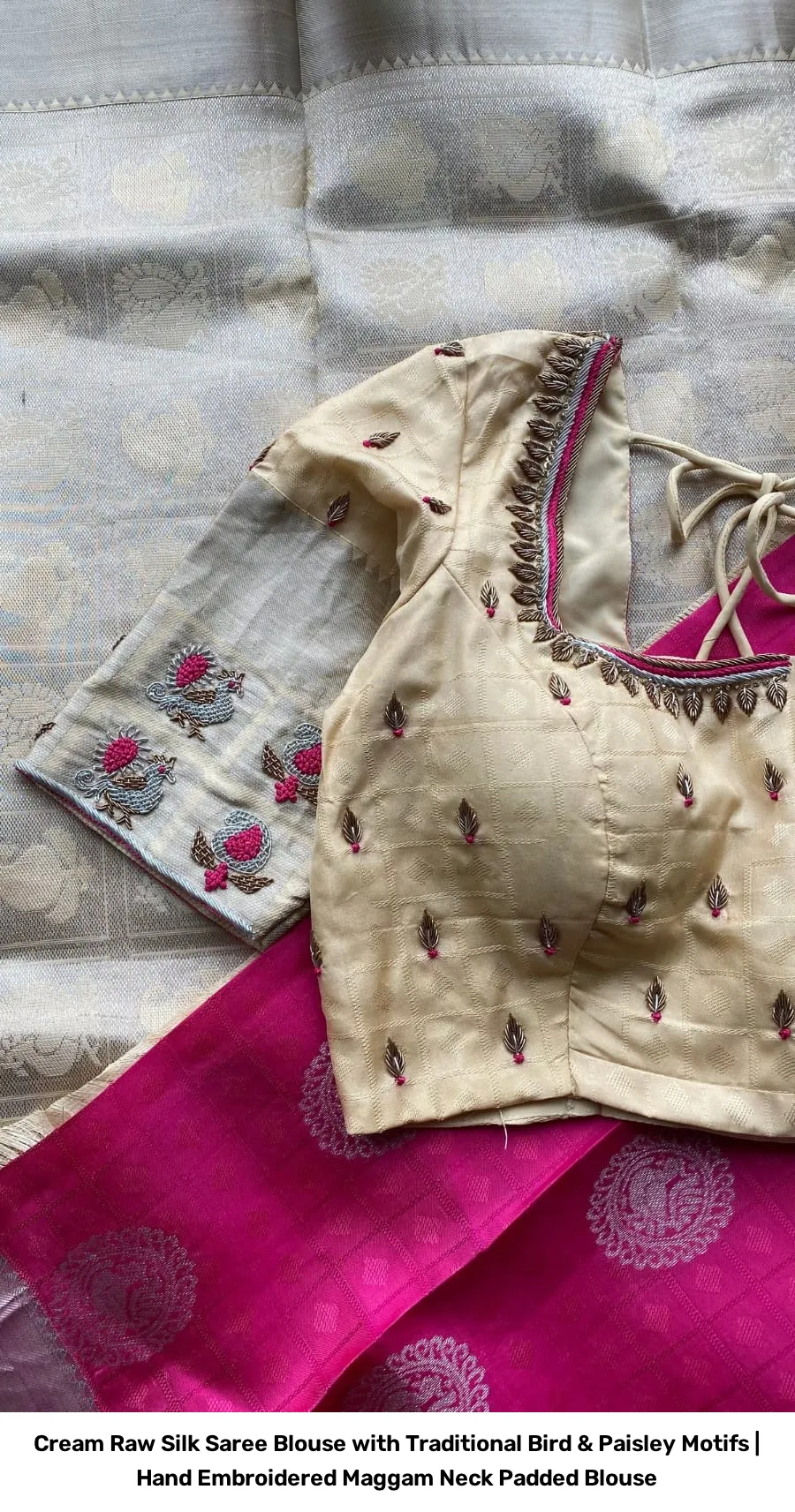 Cream Raw Silk Saree Blouse with Traditional Bird & Paisley Motifs | Hand Embroidered Maggam Neck Padded Blouse 3