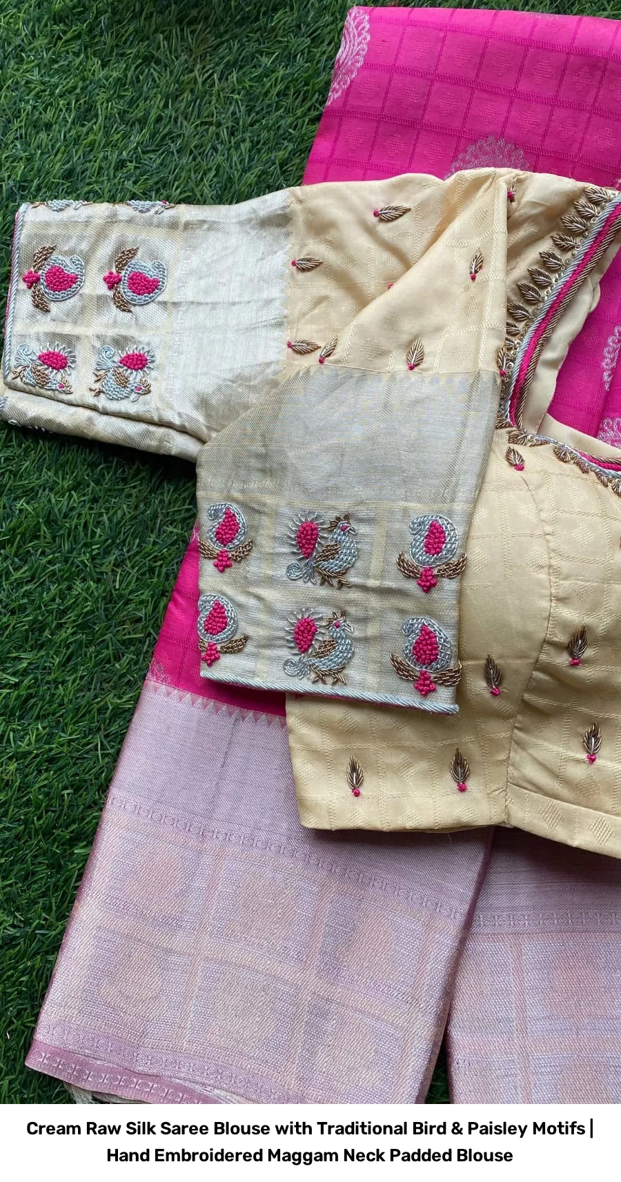 Cream Raw Silk Saree Blouse with Traditional Bird & Paisley Motifs | Hand Embroidered Maggam Neck Padded Blouse 4