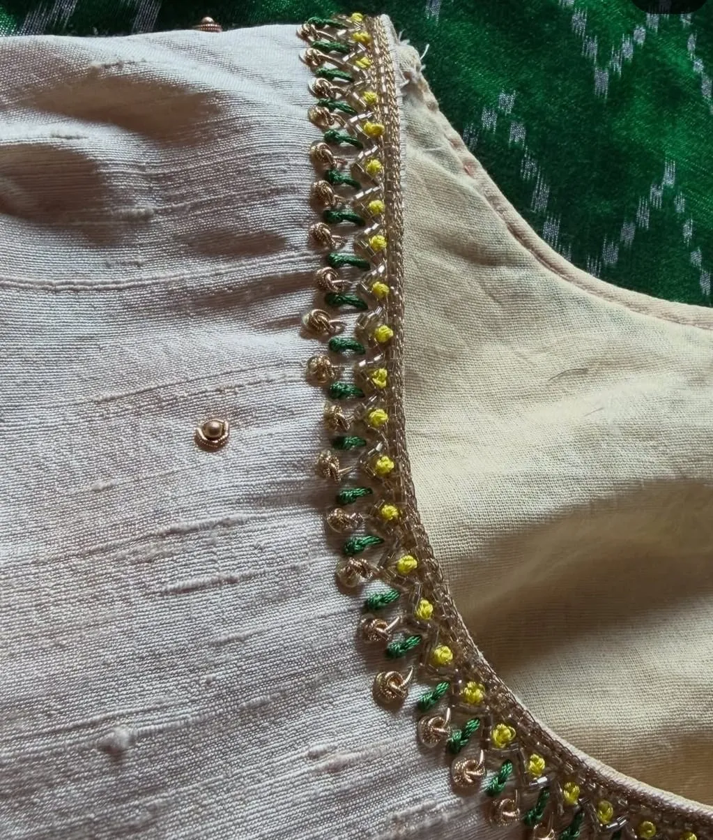 Cream Silk Blouse with Floral Maggam Work