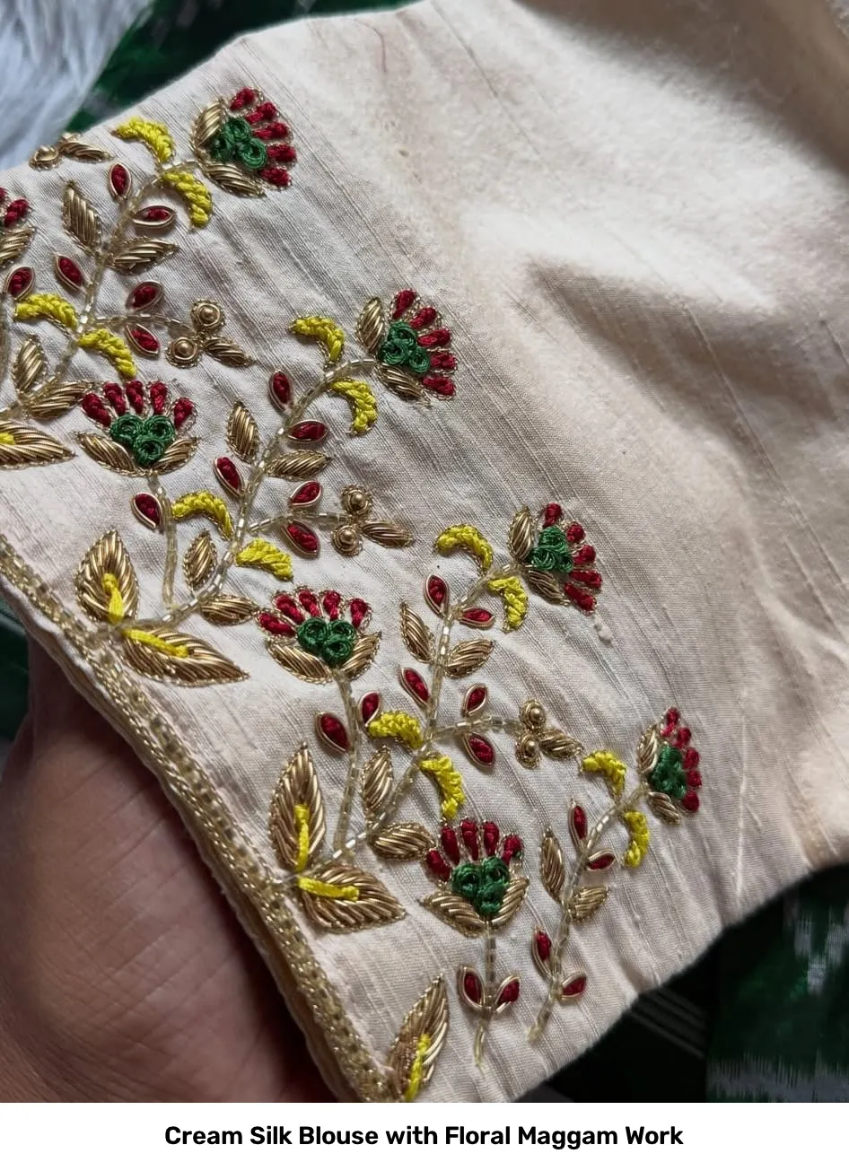 Cream Silk Blouse with Floral Maggam Work 2