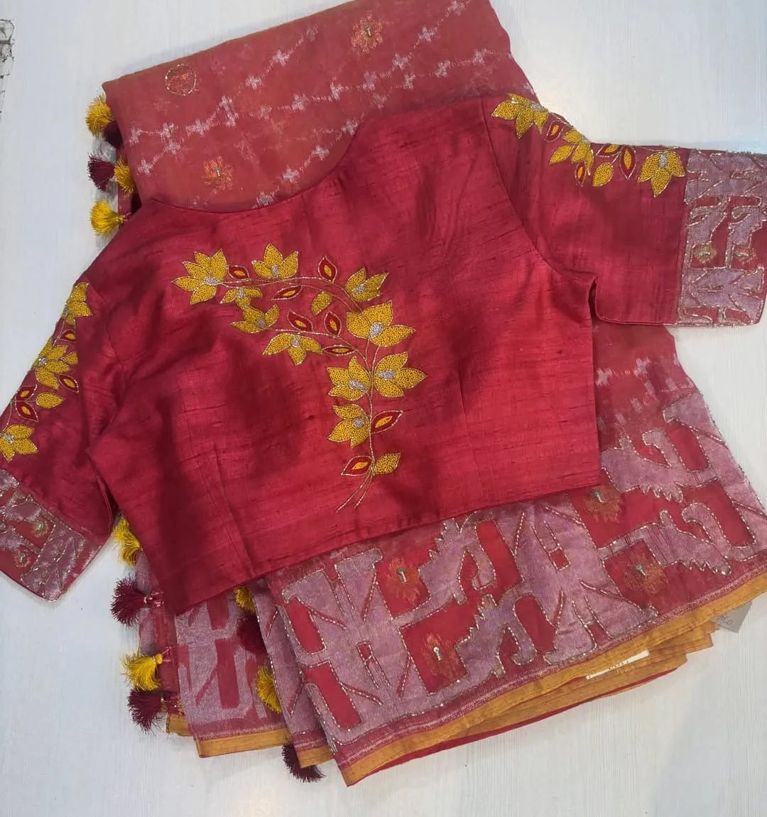 Crimson Red Handloom Silk Blouse with Floral Aari Embroidery & Matching Tassel Saree Set