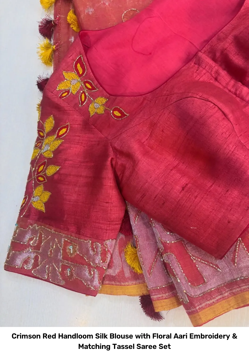 Crimson Red Handloom Silk Blouse with Floral Aari Embroidery & Matching Tassel Saree Set 2
