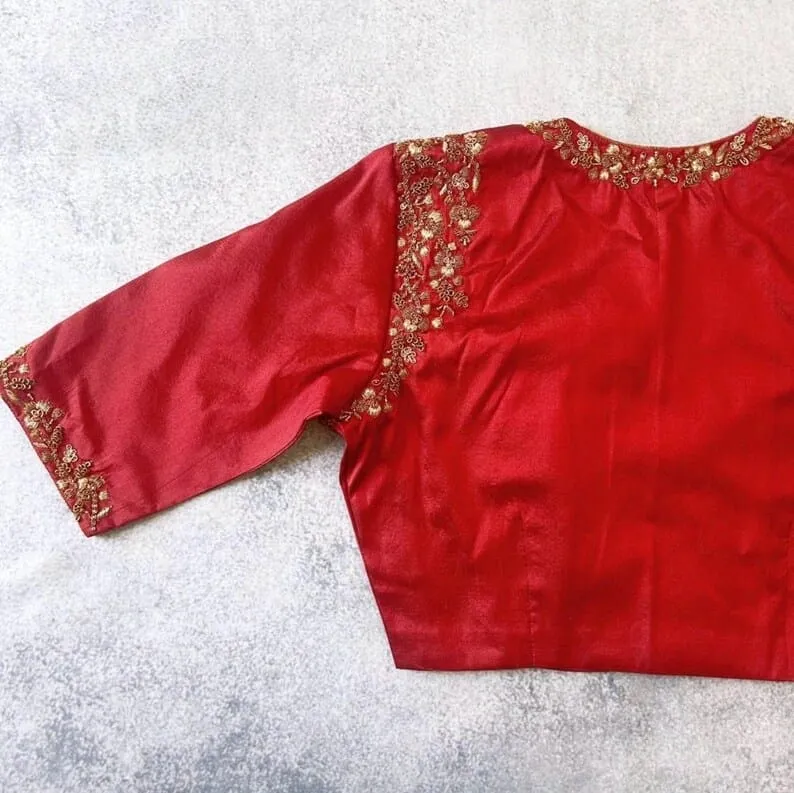 Crimson Red Raw Silk Bridal Blouse with Antique Gold Zardozi Work | Front Slit Neck Handcrafted Saree Blouse Custom Stitching Wholesale