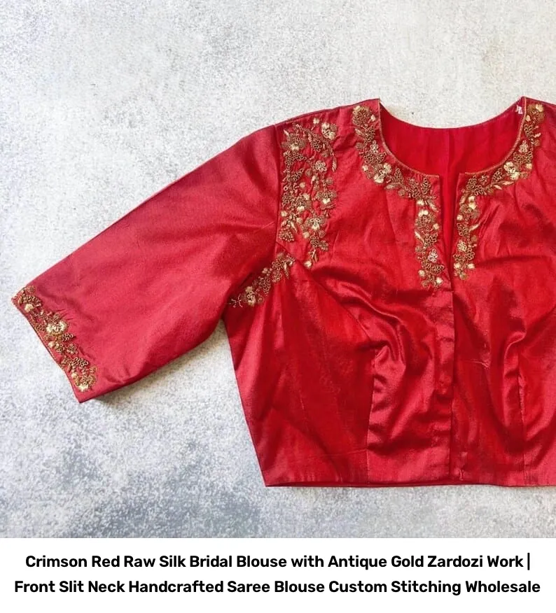 Crimson Red Raw Silk Bridal Blouse with Antique Gold Zardozi Work | Front Slit Neck Handcrafted Saree Blouse Custom Stitching Wholesale 2
