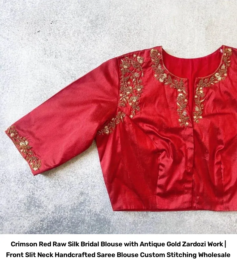 Crimson Red Raw Silk Bridal Blouse with Antique Gold Zardozi Work | Front Slit Neck Handcrafted Saree Blouse Custom Stitching Wholesale 5