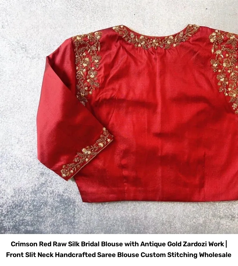 Crimson Red Raw Silk Bridal Blouse with Antique Gold Zardozi Work | Front Slit Neck Handcrafted Saree Blouse Custom Stitching Wholesale 6