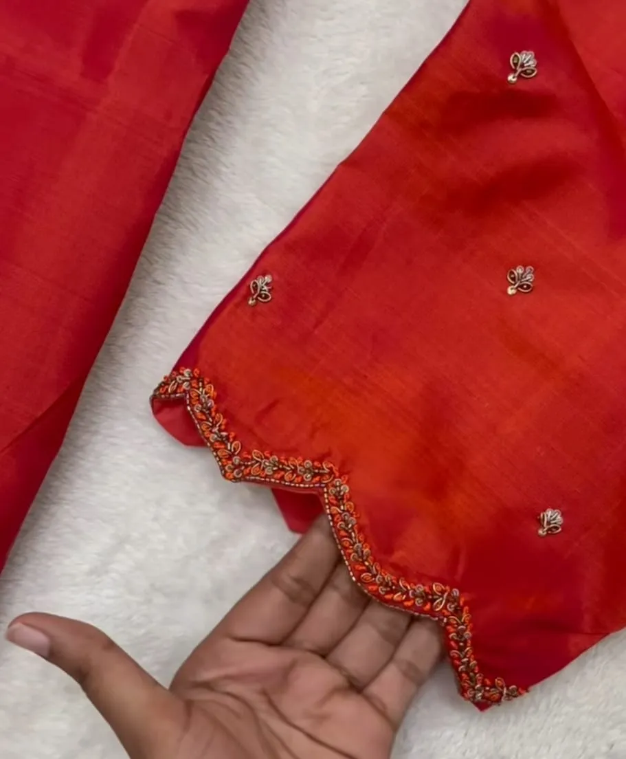 Crimson Red Raw Silk Saree Blouse – Scallop Cutwork Border & Silver Zardosi Maggam Work Designer Bridal Blouse