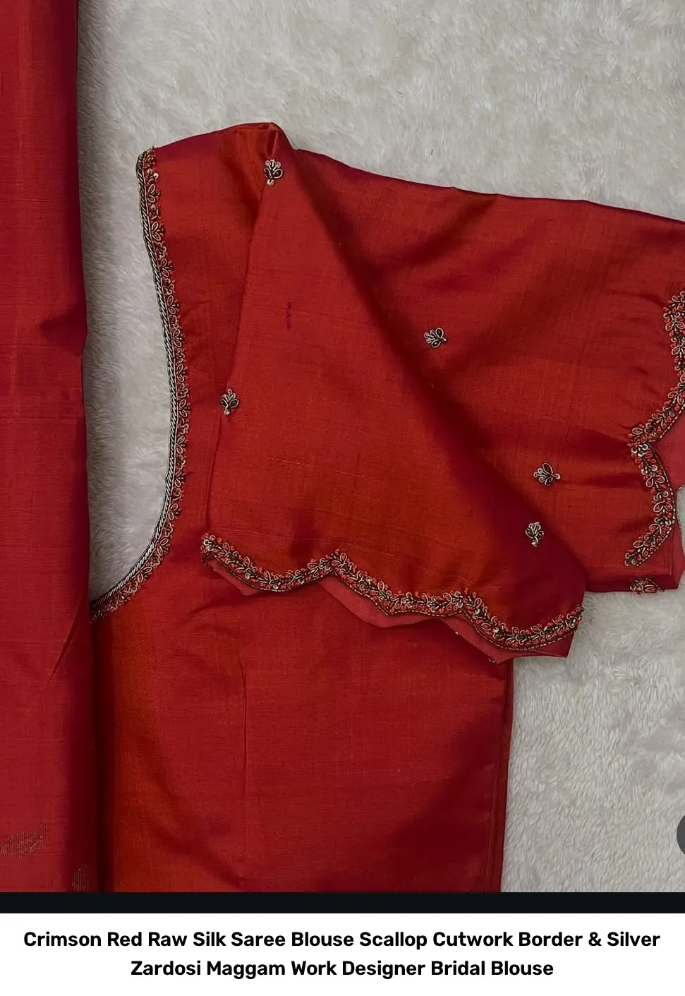 Crimson Red Raw Silk Saree Blouse – Scallop Cutwork Border & Silver Zardosi Maggam Work Designer Bridal Blouse 2