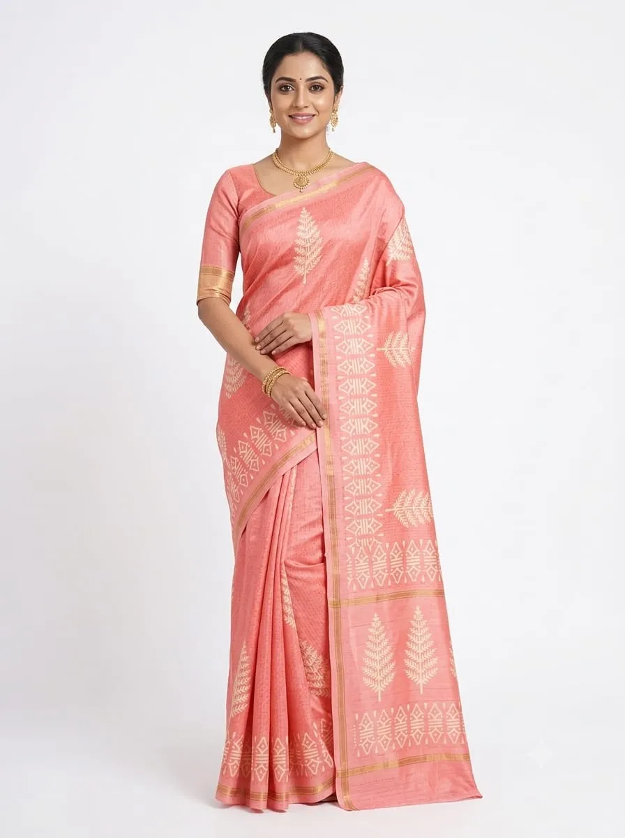 Crush Silk Sarees Wholesale | Foliage Fern Foil Print Saree with Geometric Zari Woven Border & Blouse Piece