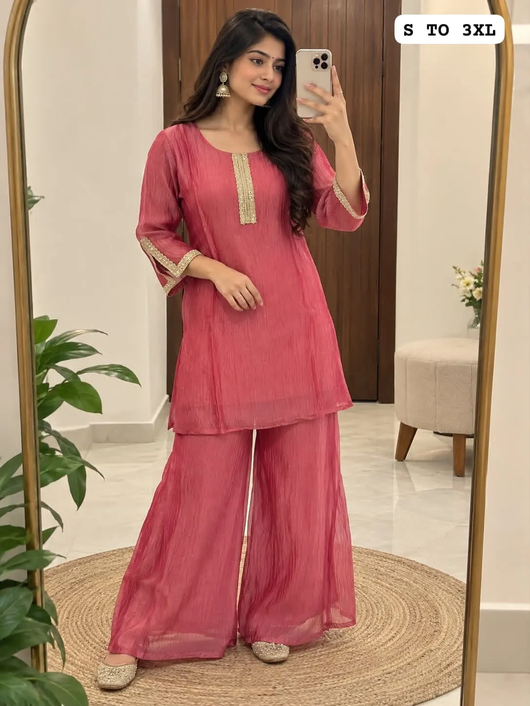 Crush Tissue Silk Shimmer Kurti with Flared Palazzo Co-Ord Set | Handwork Yoke Festive Party Wear Set (S–3XL)