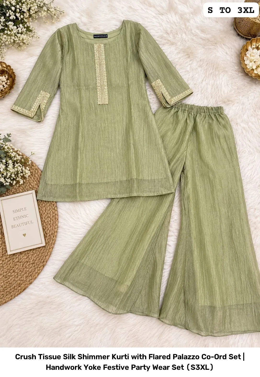 Crush Tissue Silk Shimmer Kurti with Flared Palazzo Co-Ord Set | Handwork Yoke Festive Party Wear Set (S–3XL) 11