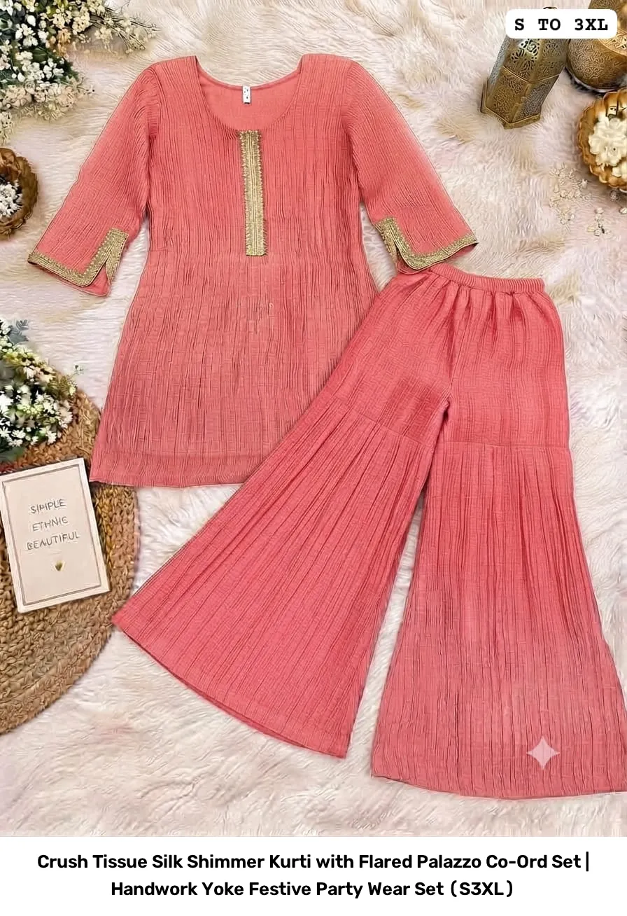 Crush Tissue Silk Shimmer Kurti with Flared Palazzo Co-Ord Set | Handwork Yoke Festive Party Wear Set (S–3XL) 2