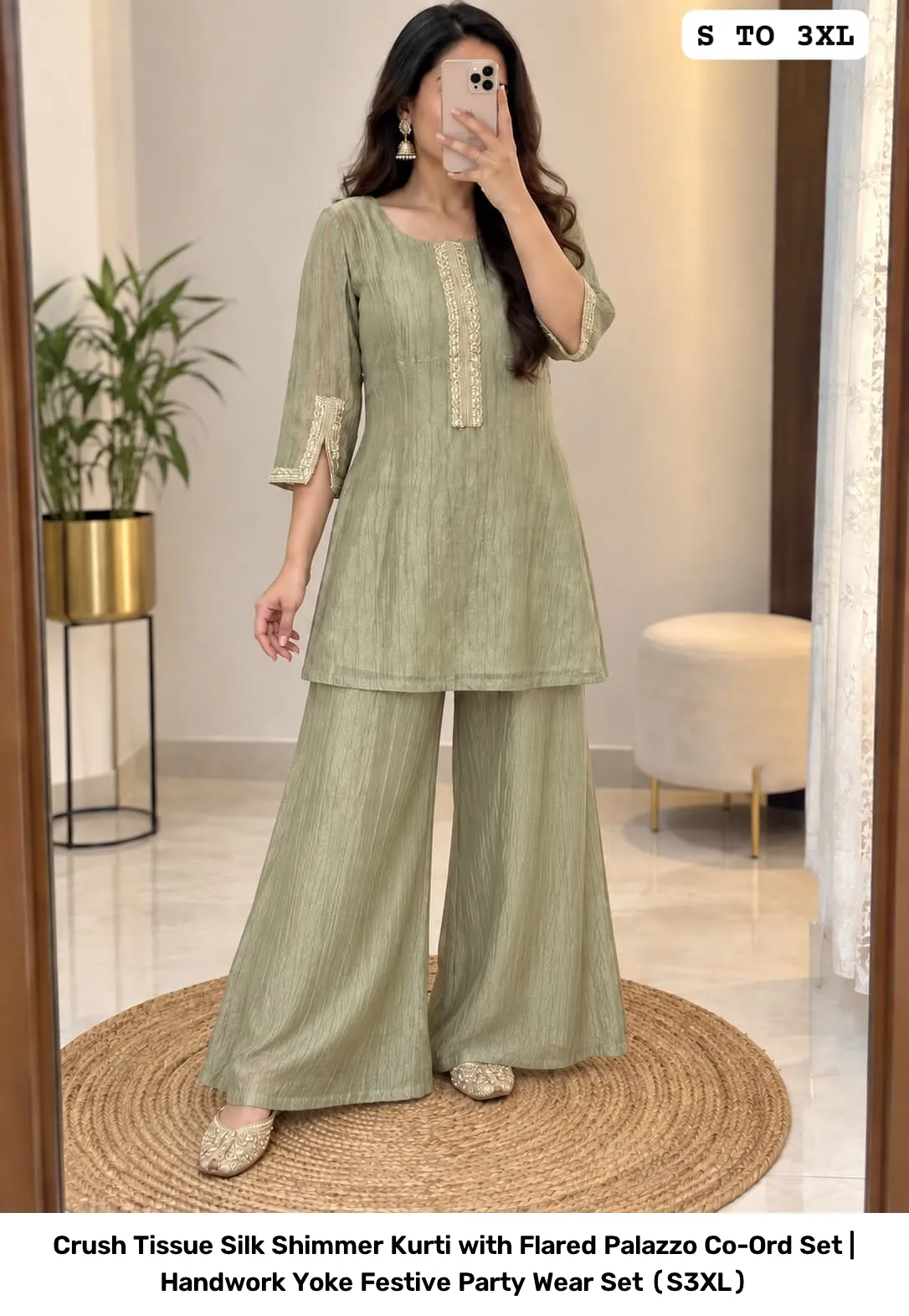 Crush Tissue Silk Shimmer Kurti with Flared Palazzo Co-Ord Set | Handwork Yoke Festive Party Wear Set (S–3XL) 5
