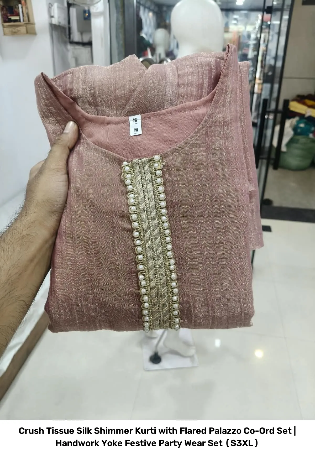 Crush Tissue Silk Shimmer Kurti with Flared Palazzo Co-Ord Set | Handwork Yoke Festive Party Wear Set (S–3XL) 6