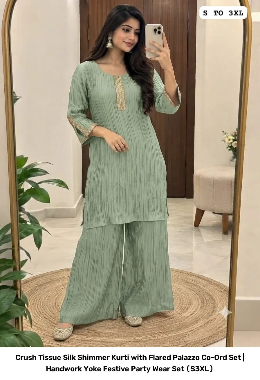 Crush Tissue Silk Shimmer Kurti with Flared Palazzo Co-Ord Set | Handwork Yoke Festive Party Wear Set (S–3XL) 9