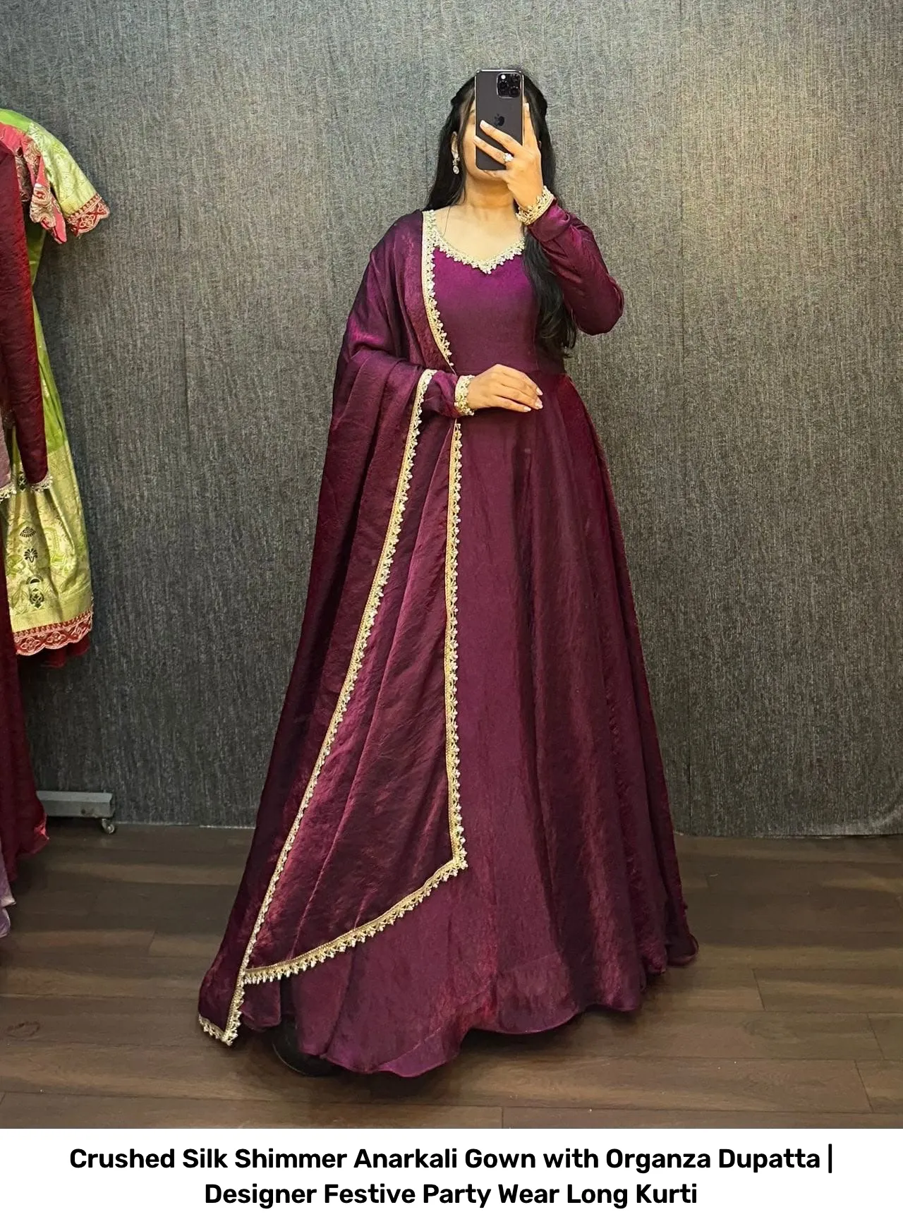 Crushed Silk Shimmer Anarkali Gown with Organza Dupatta | Designer Festive Party Wear Long Kurti 2