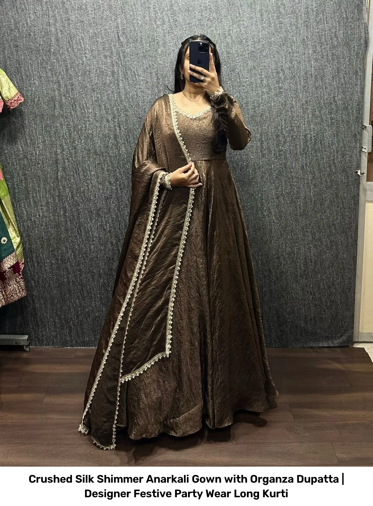 Crushed Silk Shimmer Anarkali Gown with Organza Dupatta | Designer Festive Party Wear Long Kurti 3