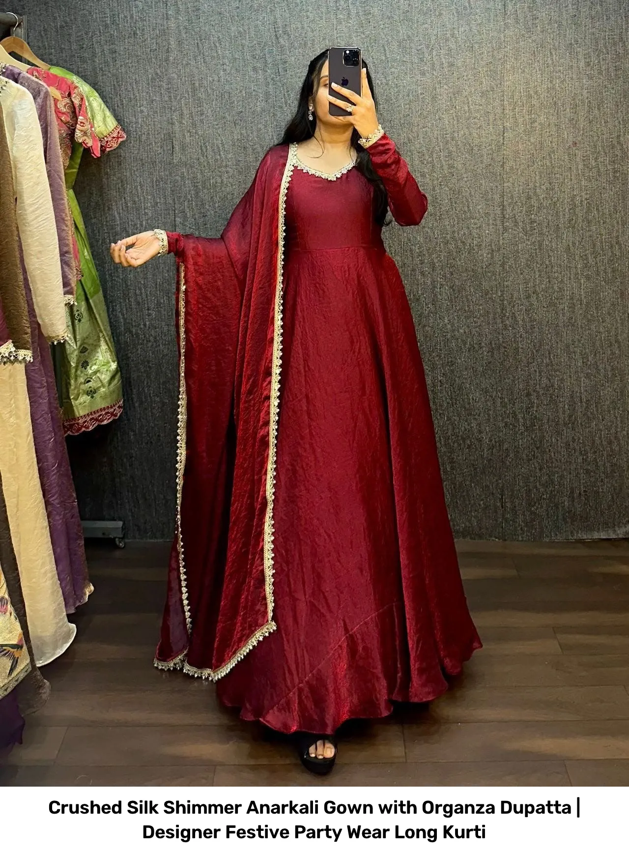 Crushed Silk Shimmer Anarkali Gown with Organza Dupatta | Designer Festive Party Wear Long Kurti 4