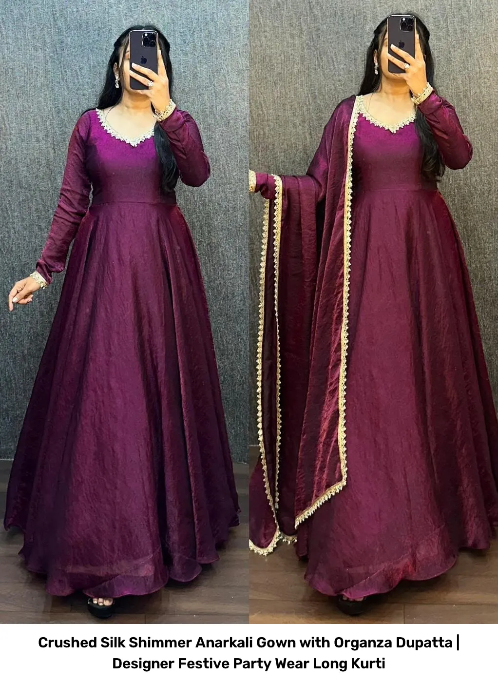 Crushed Silk Shimmer Anarkali Gown with Organza Dupatta | Designer Festive Party Wear Long Kurti 5