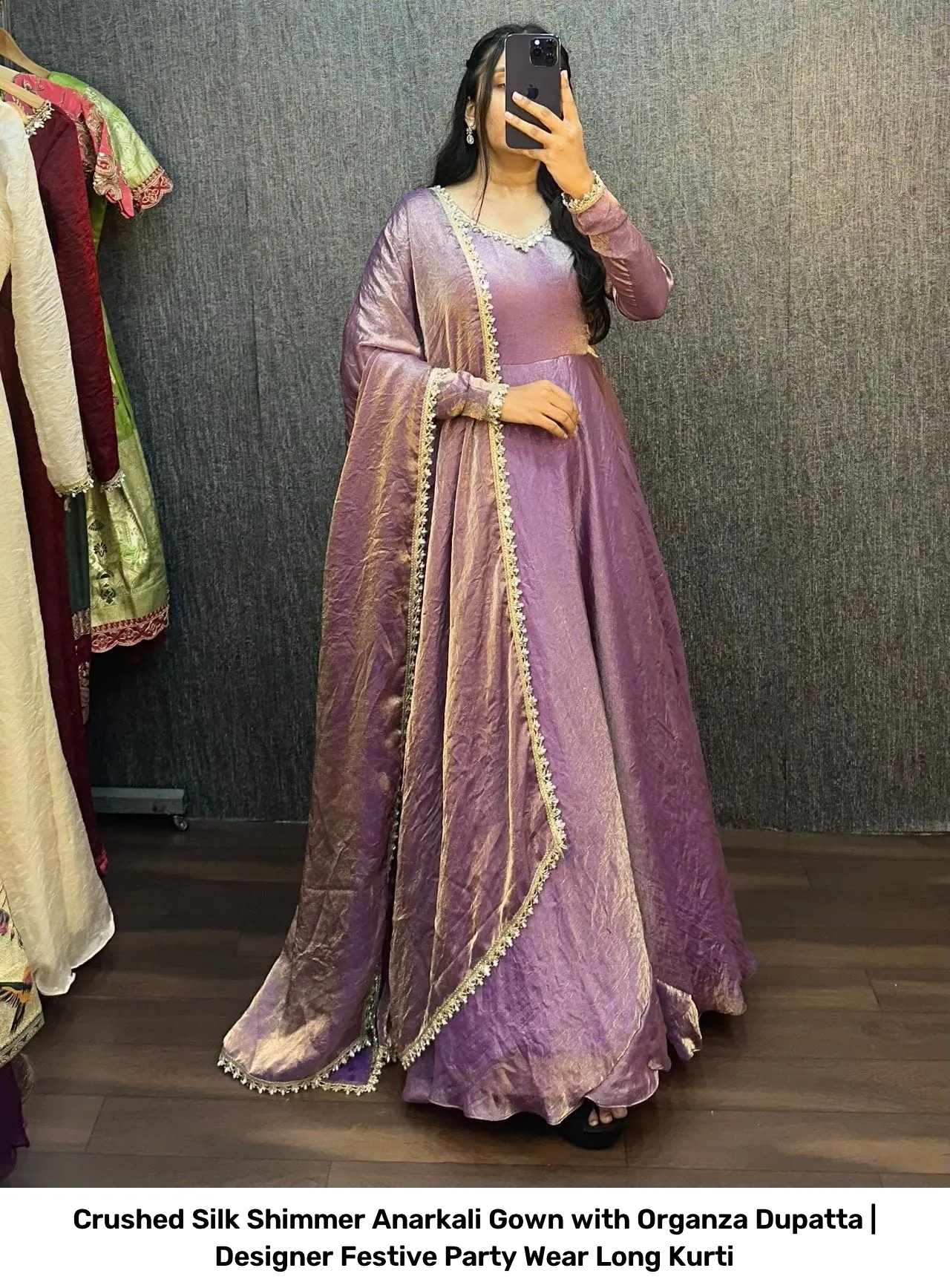 Crushed Silk Shimmer Anarkali Gown with Organza Dupatta | Designer Festive Party Wear Long Kurti 6