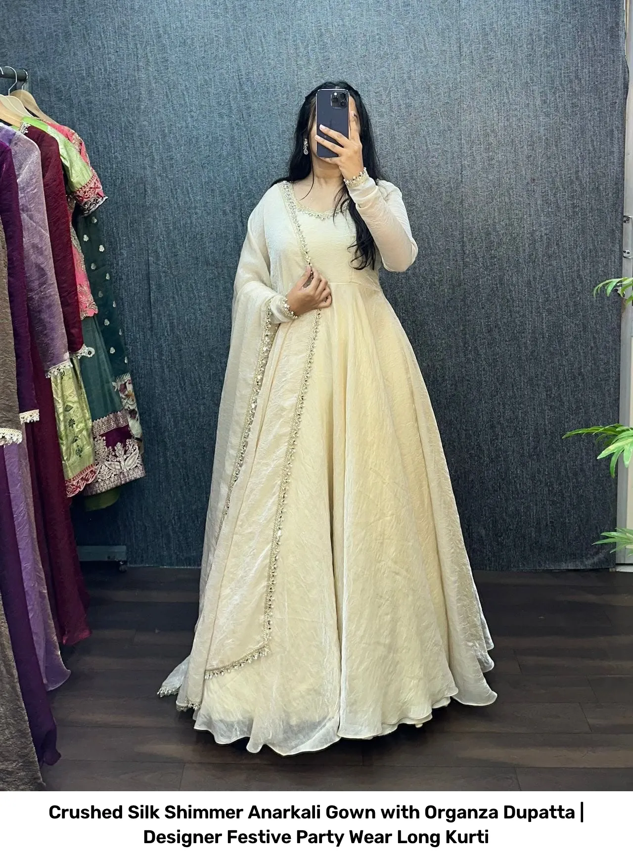 Crushed Silk Shimmer Anarkali Gown with Organza Dupatta | Designer Festive Party Wear Long Kurti 7