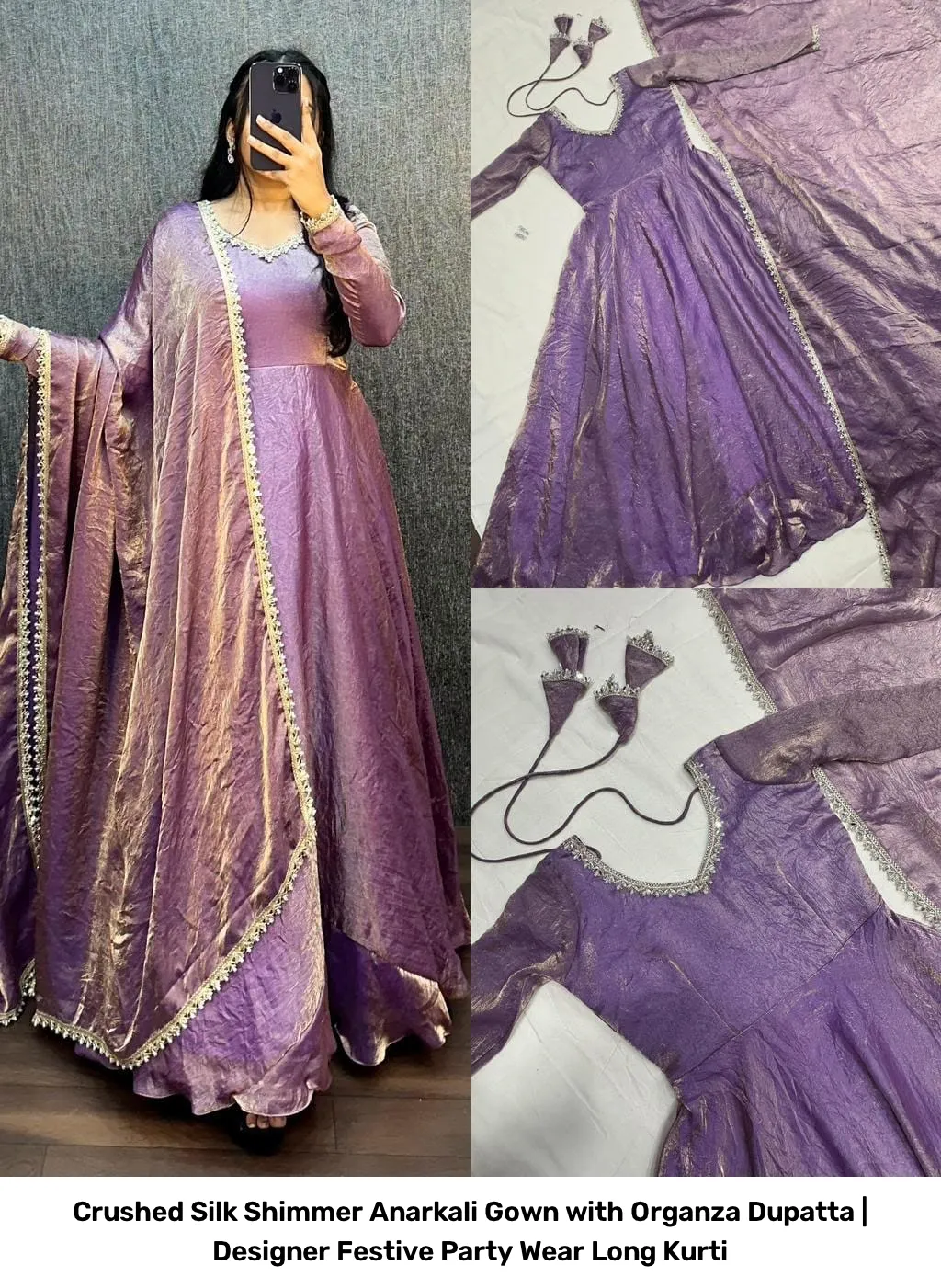 Crushed Silk Shimmer Anarkali Gown with Organza Dupatta | Designer Festive Party Wear Long Kurti 8