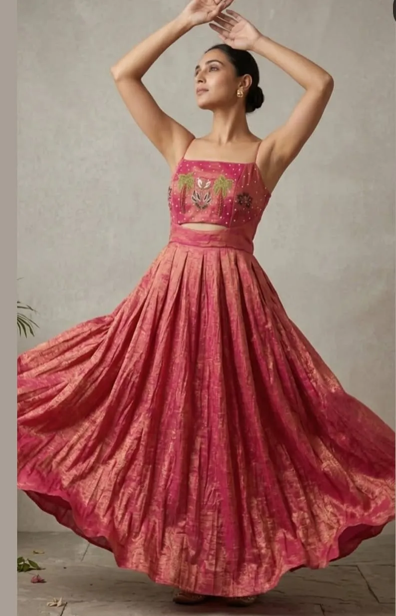Crushed Tissue Silk Maxi Dress | Hand Embroidered Palm Tree Bodice with Pearl Detail | Spaghetti Strap Cut Out Waist Gown | Custom Stitched