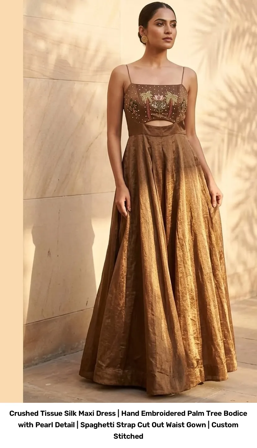 Crushed Tissue Silk Maxi Dress | Hand Embroidered Palm Tree Bodice with Pearl Detail | Spaghetti Strap Cut Out Waist Gown | Custom Stitched 2