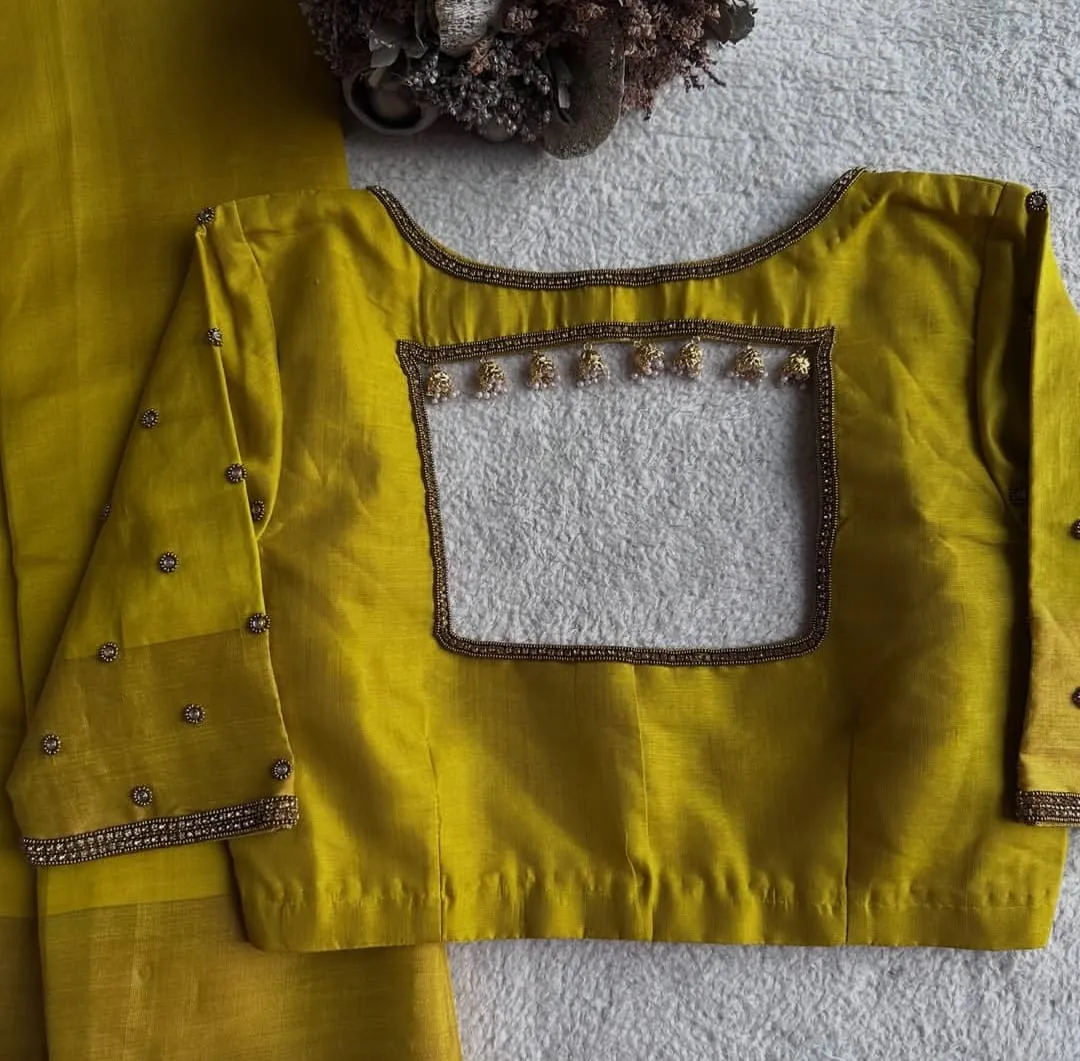 Custom Padded Mustard Yellow Silk Blouse, Readymade Indian Saree Blouse with Jhumka Latkan Back Neck & Pearl Buttis