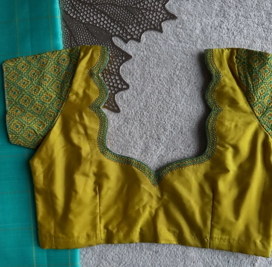 Custom Padded Olive Yellow Silk Blouse, Readymade Indian Saree Blouse with Embroidered Scallop Neck & Geometric Sleeves
