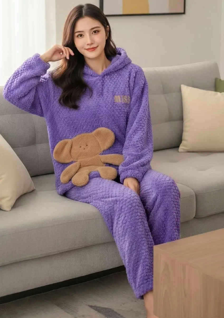 Cute Bear Fleece Hooded Winter Nightsuit Set