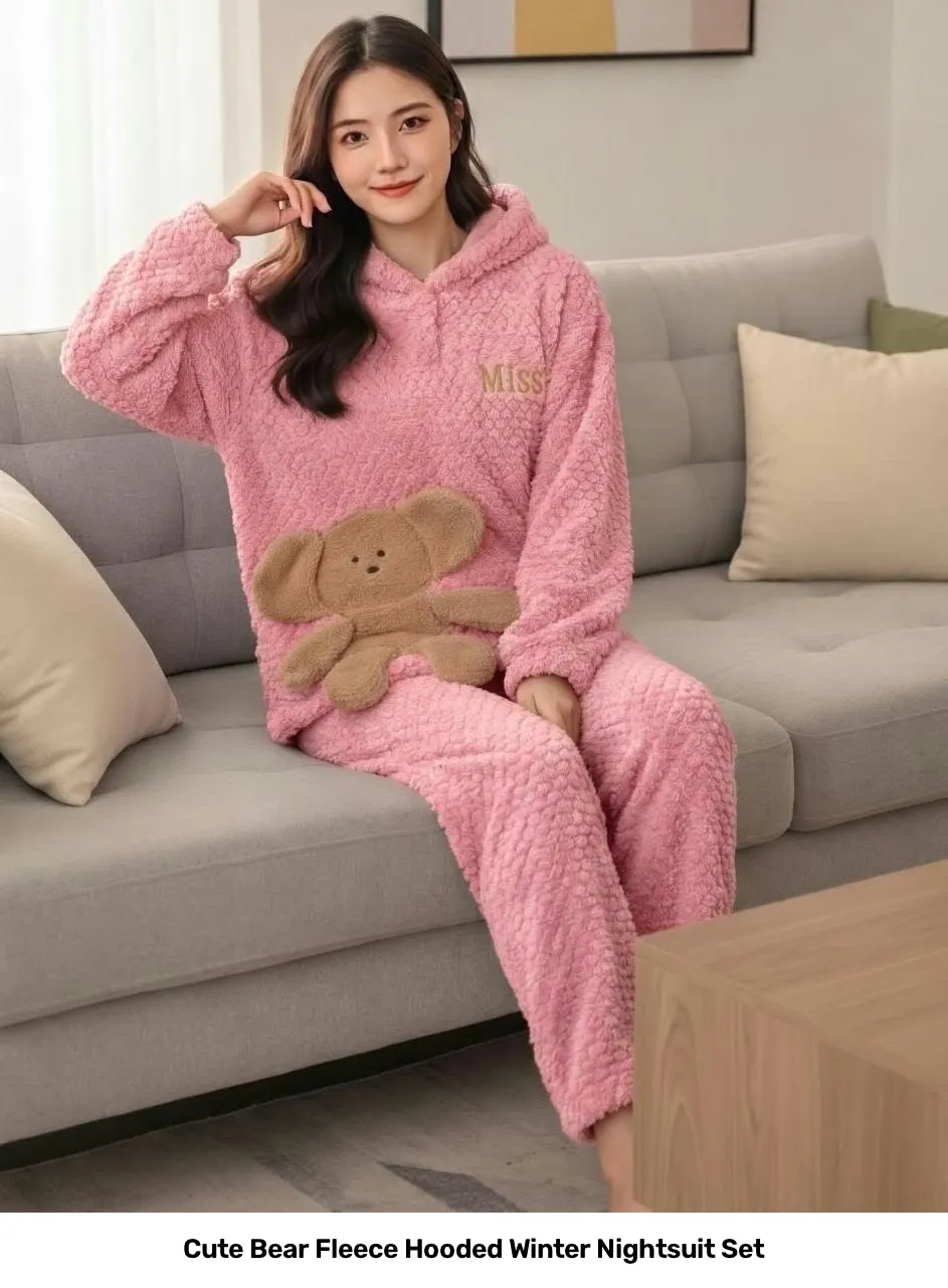 Cute Bear Fleece Hooded Winter Nightsuit Set 2