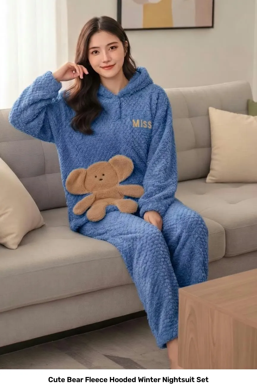 Cute Bear Fleece Hooded Winter Nightsuit Set 3