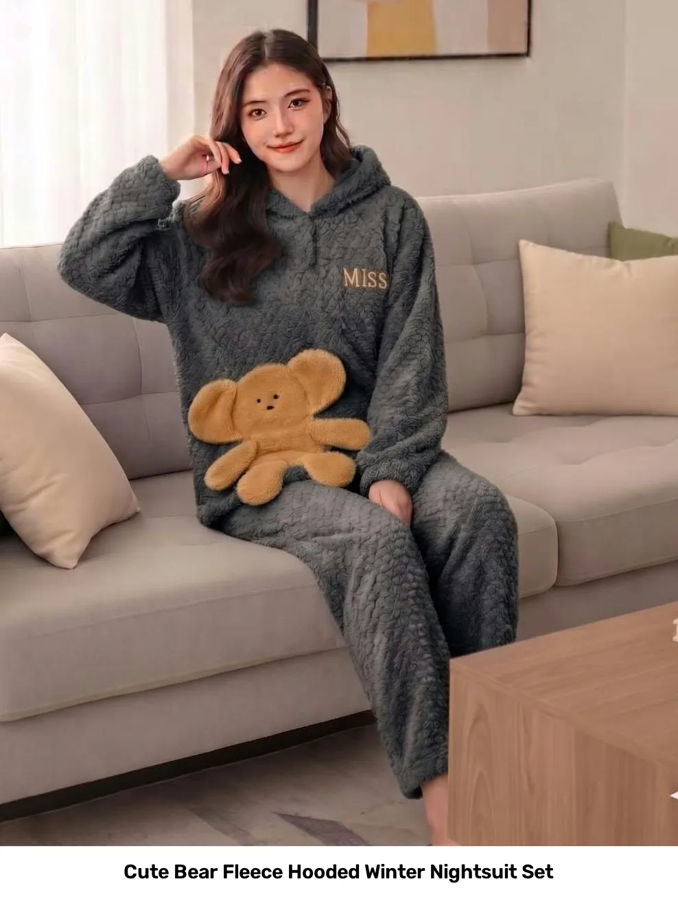 Cute Bear Fleece Hooded Winter Nightsuit Set 4