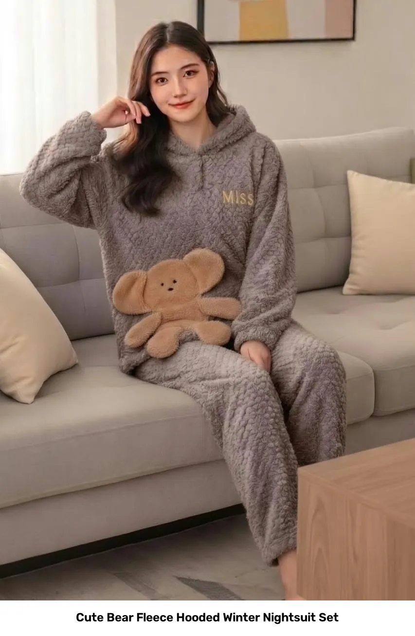 Cute Bear Fleece Hooded Winter Nightsuit Set 5