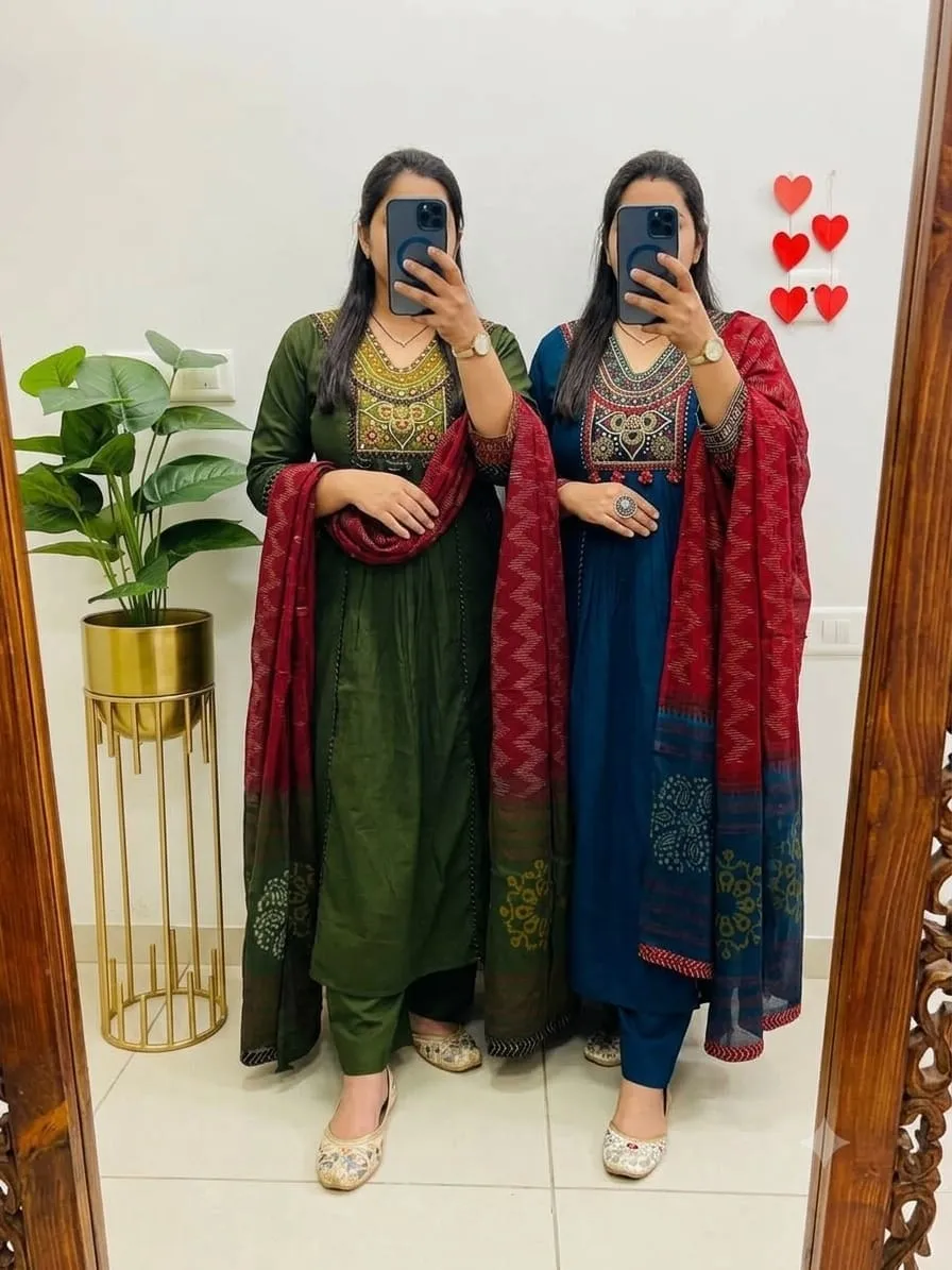 Dabu Cotton Embroidered Kurti Palazzo Set with Ajrakh Dupatta