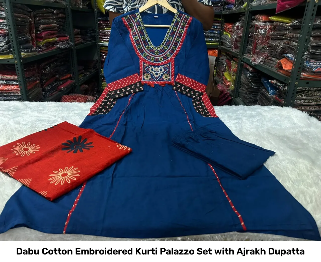 Dabu Cotton Embroidered Kurti Palazzo Set with Ajrakh Dupatta 10