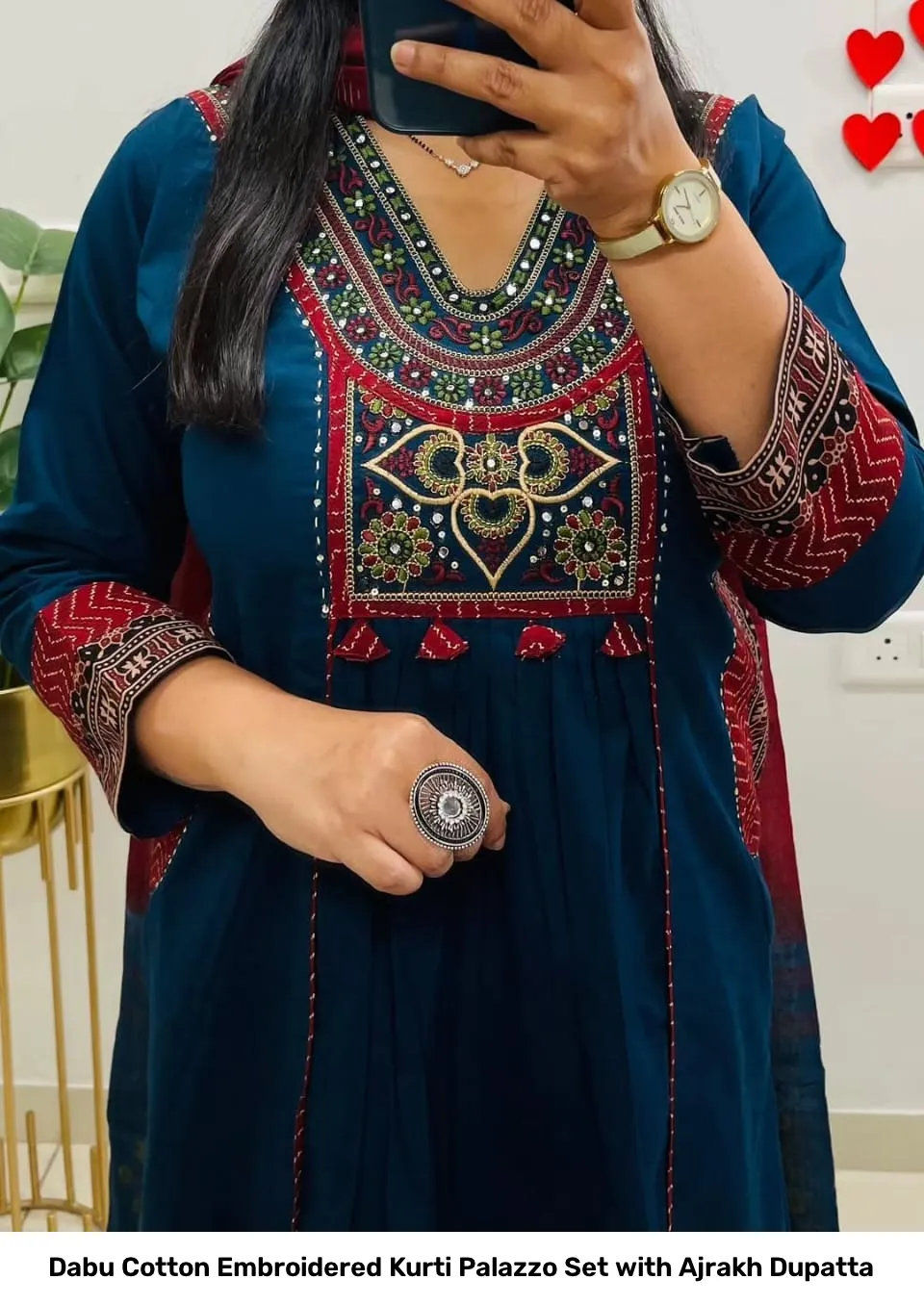 Dabu Cotton Embroidered Kurti Palazzo Set with Ajrakh Dupatta 11